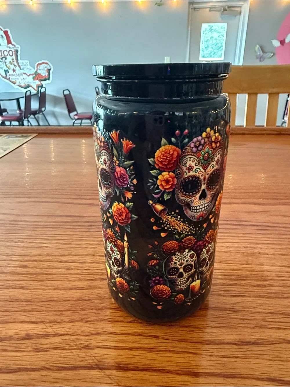 Black Sugar Skull Wine Tumbler - Decorative Day of the Dead Design